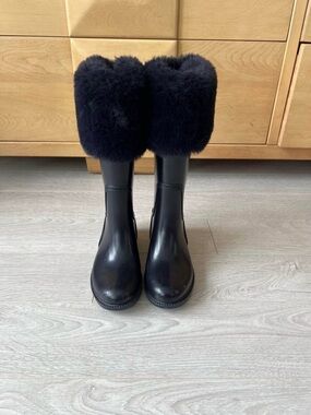 Zara Kids Black Fur-Trim Mid-Calf Boots Waterproof 13-13.5